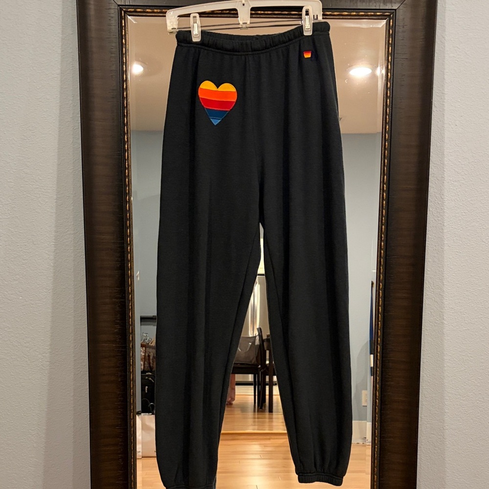 Aviator Nation Black Joggers with Rainbow Heart